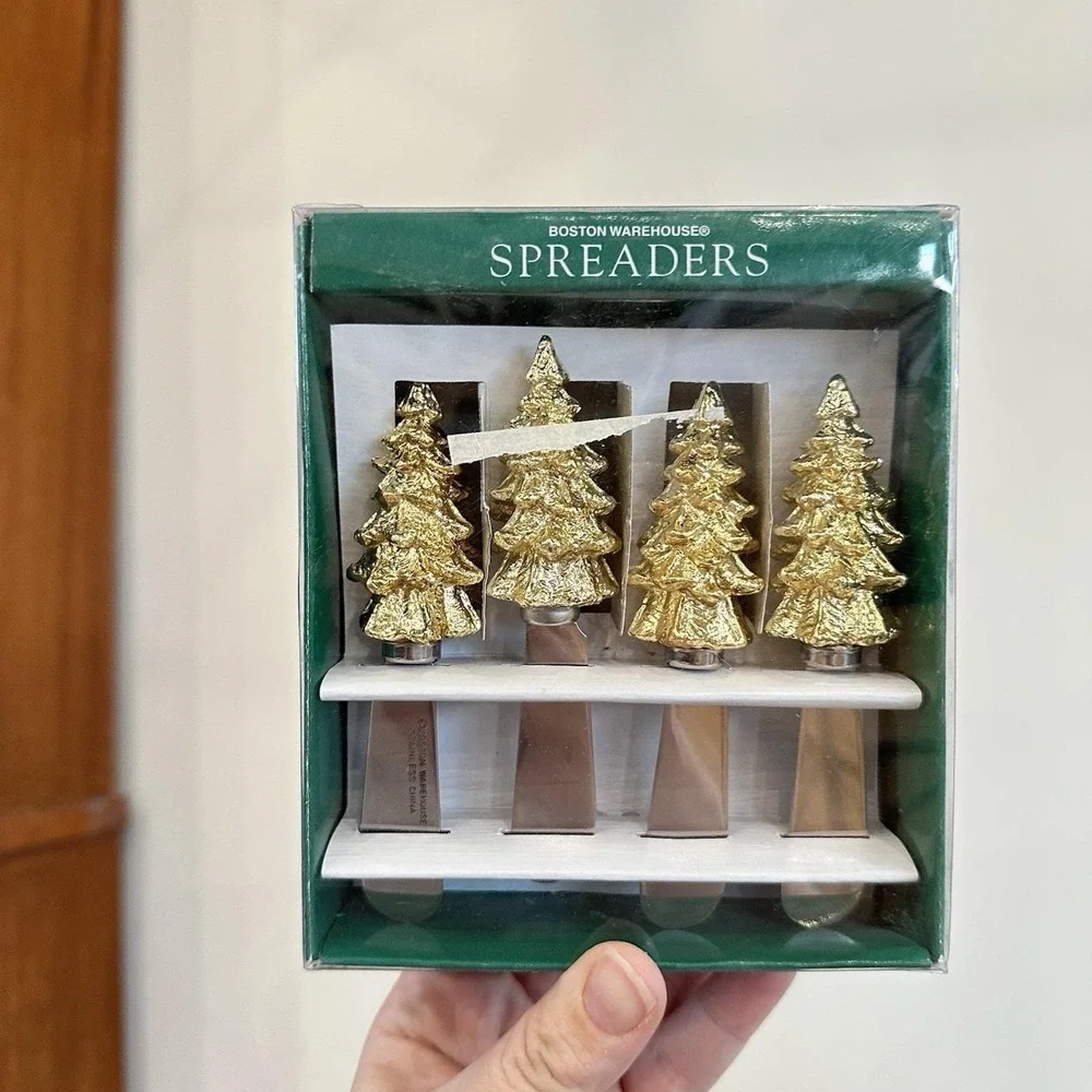 Boston Warehouse Set 4 Stainless Steel Cheese Knife Spreader Gold Christmas Tree